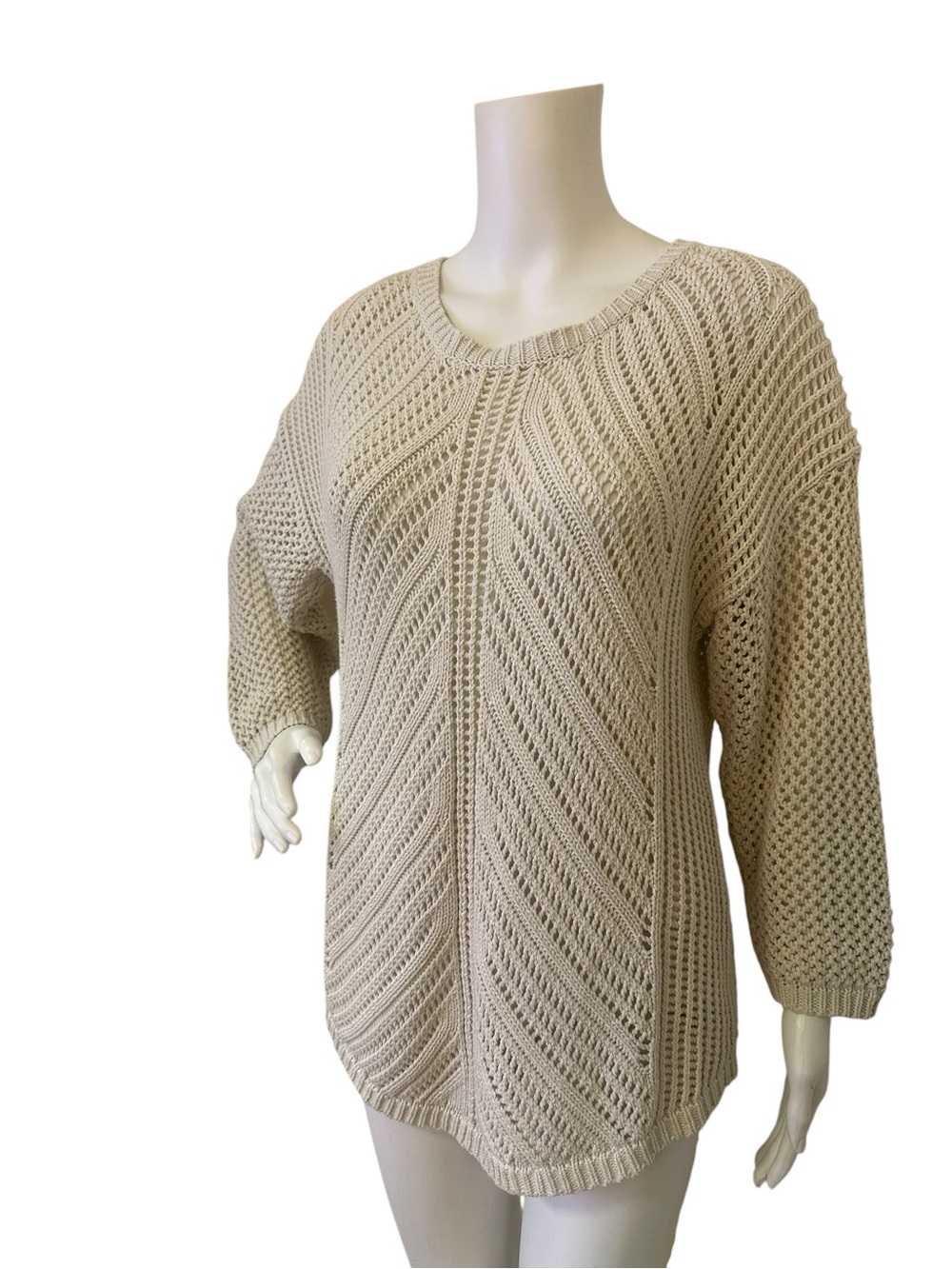 Chelsea & Theodore Open Stitch Crewneck Sweater in Beige
